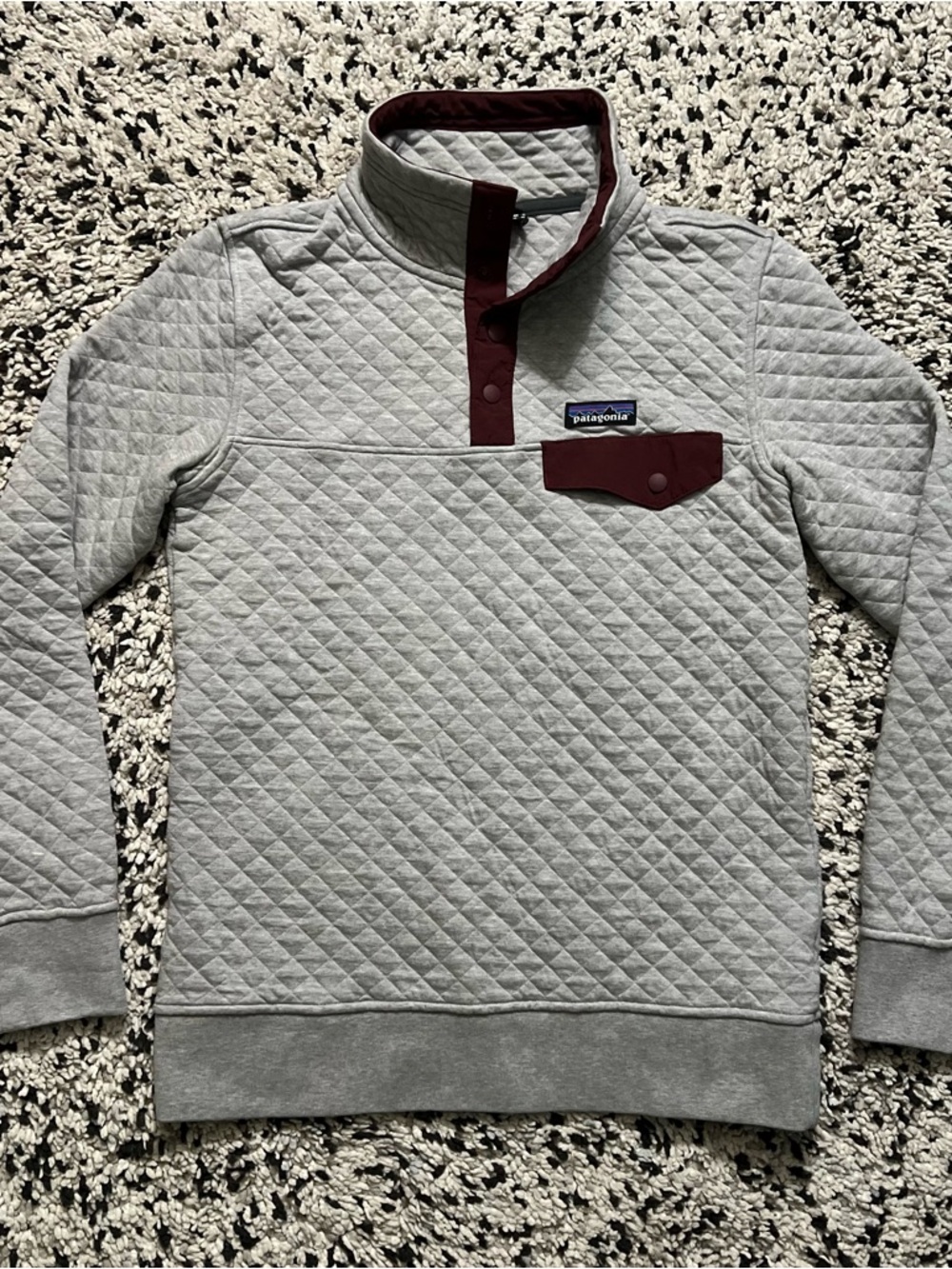 Patagonia Organic Cotton Quilt Snap-T Pullover Sweater Grey Burgundy Women’s XS - Picture 16 of 16